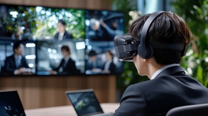 Businessperson wearing VR headset, attending virtual meeting on large screen in modern office.