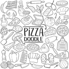 Pizza Chef Doodle Line Art Illustration. Hand Drawn Vector Clip Art Stamps.