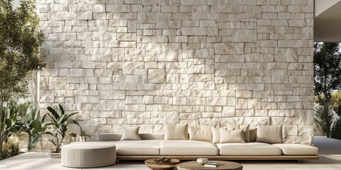 Modern outdoor lounge, stone wall backdrop, plants, sunlight. Relaxing patio design