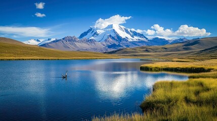 pristine mountain lake surrounded by lush greenery, rugged peaks, and blue skies with fluffy clouds, showcasing untouched natural beauty.