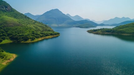 pristine mountain lake surrounded by lush greenery, rugged peaks, and blue skies with fluffy clouds, showcasing untouched natural beauty.