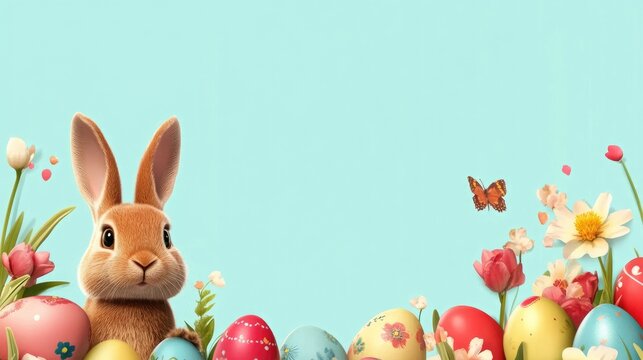 A colorful Easter template featuring eggs, bunnies, and flowers with space for text.