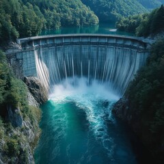 aerial view of a dam releasing water into a valley, surrounded by lush forests and reflecting a serene reservoir.