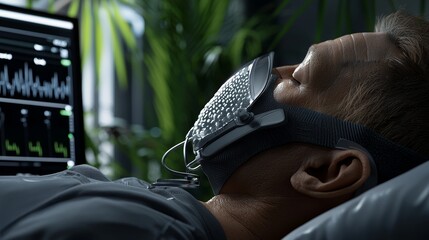 A patient resting in a hospital bed, wearing a specialized respiratory mask while connected to a medical monitor displaying vital signs.