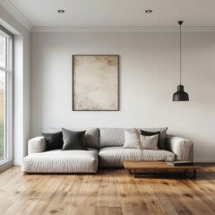 modern living room with neutral-toned furniture, white sofa, minimalist decor, natural light, and a warm, inviting aesthetic.