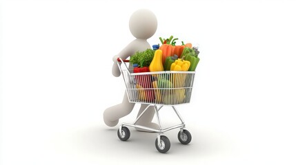 3D Figure with Shopping Cart Filled with Groceries in a Minimalist Setting