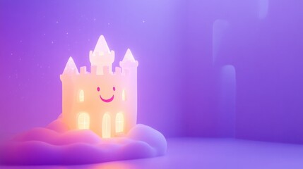 Fototapeta premium Smiling castle in a dreamy purple landscape. Magical and whimsical.