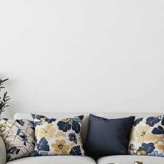 modern beige sofa adorned with floral and solid navy blue throw pillows against a minimal white wall creating a cozy interior design