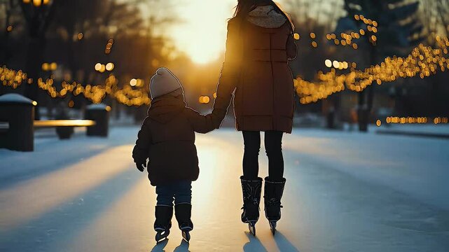 Woman and child ice skating in winter park at sunset, surrounded by glowing lights, capturing joyful outdoor moment.