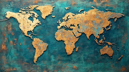 world map with natural tones, raised continents, vintage aesthetic, and rustic design, symbolizing global exploration and unity.