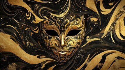 Ornate Golden Mask on Black Gold Marble Swirl