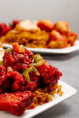 chinese food, sweet and sour chicken, fried rice, pork ribs, food, rice, cuisine, white, gourmet, appetizer, plate, marble background