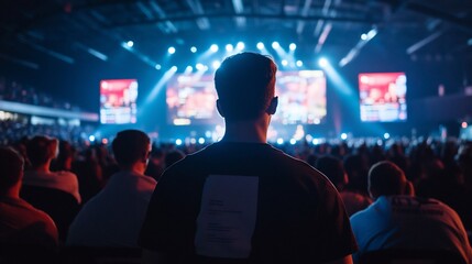 Man watching esports tournament in crowded arena.