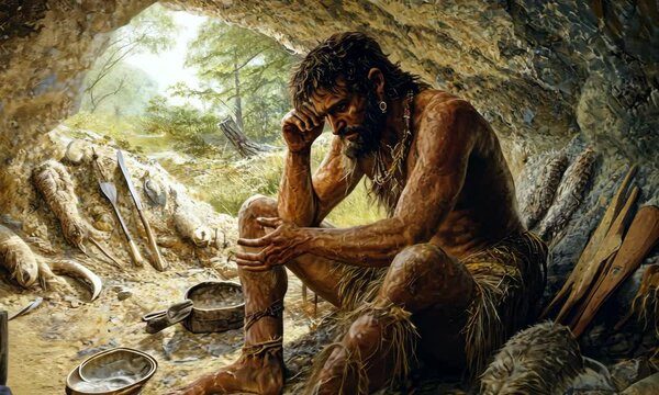 Primitive Man in Cave Reflecting on Survival and Nature Amidst Tools and Natural Scenery, Showcasing the Essence of Early Human Life and Connection to Environment with ai generated.