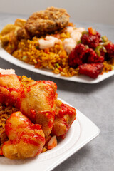 Chinese's food, fried rice, shrimp, pork rib, marble background, food, chicken, sauce, dinner, delicious, cuisine, restaurant, rice, fried, pork, gourmet, cooked