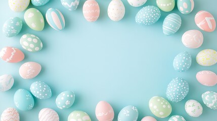 A flat lay Easter template with a pastel egg border and blank center for text.