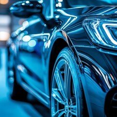 sleek car wheel and body close-up at night, reflecting vibrant city lights, showcasing luxury, style, and modern automotive design.