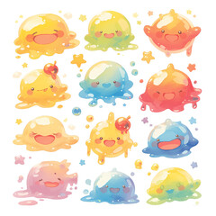 Fototapeta premium Adorable pastel slime creatures in various cheerful poses.