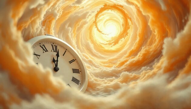 Clock in swirling clouds, time vortex concept