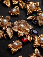Fototapeta premium Gold floral jewelry with pearls and gemstones.