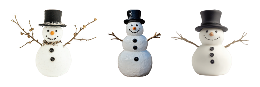 Three cheerful snowmen with various hats, displaying friendly smiles and festive charm during a winter scene.