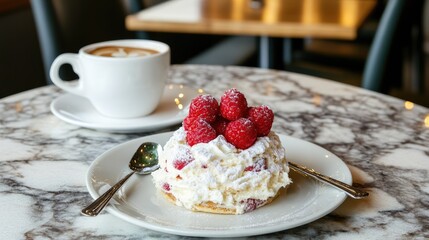 A marble coffee table set with a cappuccino and an elegant dessert in a premium caf.