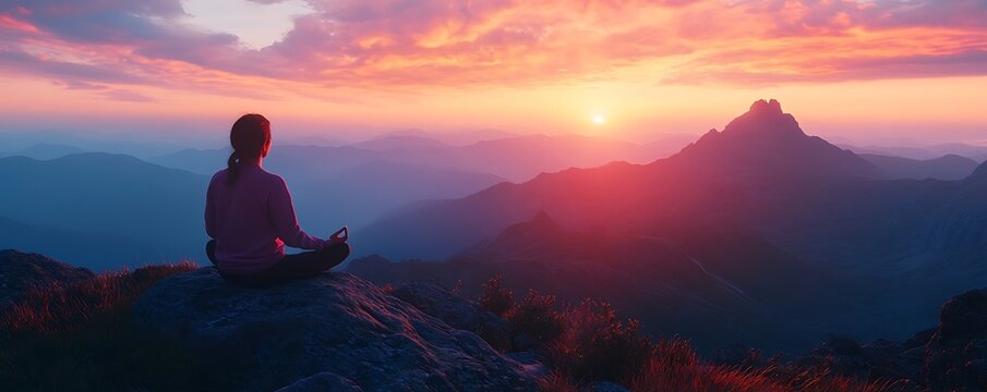 Woman meditates on mountaintop at sunset, serene landscape background, peaceful yoga pose