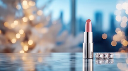 Exquisite Silver Lipstick Displayed on Mirrored Marble Countertop