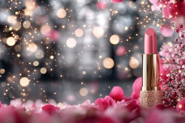 Opulent Gold Lipstick Surrounded by Romantic Rose Petals and Bokeh