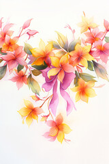 Obraz premium Watercolor painting of vibrant plumeria flowers with purple ribbon