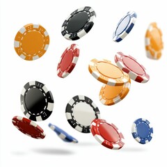 floating colorful poker chips in red, black, and blue, symbolizing gambling, gaming, and casino entertainment with dynamic motion.