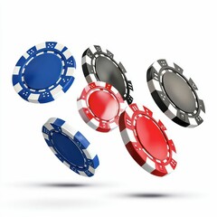 floating colorful poker chips in red, black, and blue, symbolizing gambling, gaming, and casino entertainment with dynamic motion.