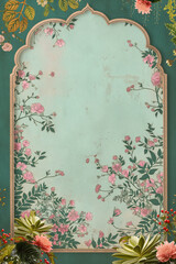 Elegant floral frame with pink flowers and green leaves on light green background