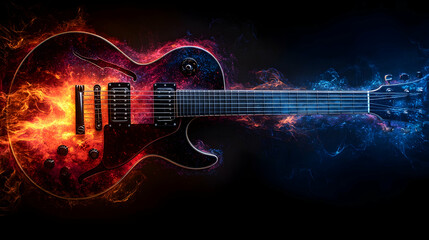 Fiery Electric Guitar with Blue Flames, instrument, musical instrument, rock, rock and roll, blues