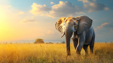 Fototapeta premium Majestic Elephant at Sunset in African Savanna, african elephant, grassland, sunrise, golden hour, wildlife