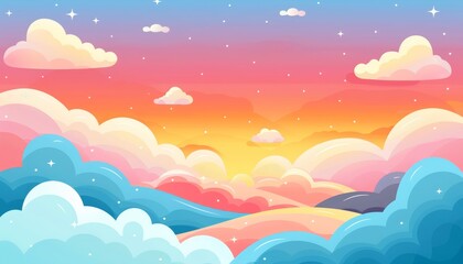 Cartoon illustration of a colorful sunset with fluffy clouds.