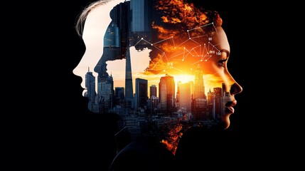 Dual profile portraits merging human and city skyline, symbolizing artificial intelligence, futuristic urban landscape, and interconnectedness.