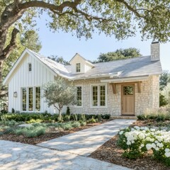 charming modern farmhouse with white siding, metal roof, landscaped garden, wooden door, natural surroundings, and inviting rustic architectural design.