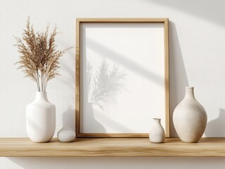 Vertical Frame Mockup Minimalist Interior Design with Wooden Shelf Natural Light Dried Pampas Grass and Trendy Decor