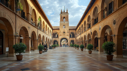 Fototapeta premium Majestic Courtyard with Arched Colonnades and Bell Tower, arches, architecture, building, brick, stone