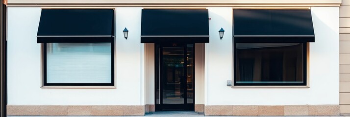 Obraz premium modern commercial building with glass facade, minimalist design, spacious layout, sunset sky, clean architecture, urban and professional aesthetic.