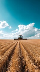 Fototapeta premium A combine harvester working in a golden wheat field under a bright blue sky.