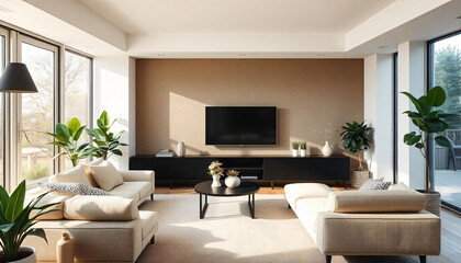 Fototapeta premium Modern Living Room Interior Design Beige Sofa Black TV Stand Large Windows Minimalist Decor