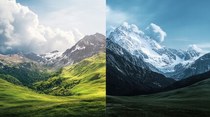 Fototapeta premium Split mountain scene; summer side with green fields, winter side with snow, for nature display