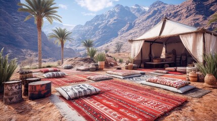 Desert oasis camp, mountain backdrop, relaxation, travel