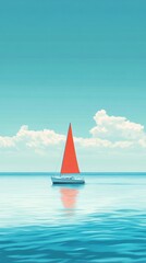 Sailboat with Red Sail on Calm Ocean Under Blue Sky