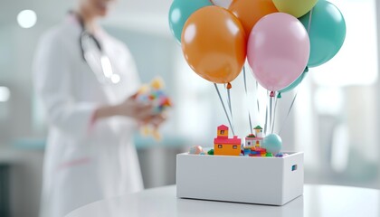 Doctor holding toys, colourful balloons floating over a gift box on a table in a medical office.