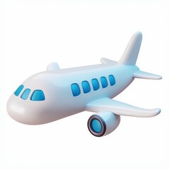 Obraz premium 3D illustration of a toy airplane with white body, blue accents, simple design, playful, and minimal aesthetic for aviation theme.