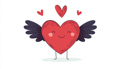 A cheerful cartoon heart with wings and a smile, surrounded by smaller hearts, symbolizing love and joy.