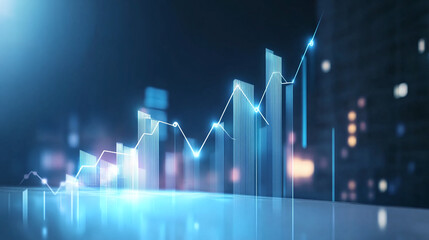 3D futuristic economic growth curve with glowing elements, representing financial progress and data analysis in modern city setting